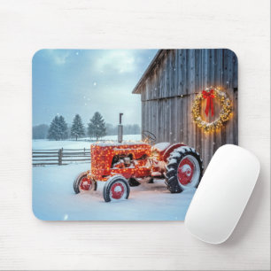 Mousepad Trator Vermelho de Fazenda no Natal na Neve