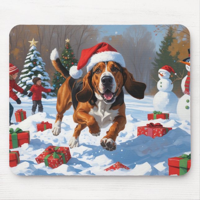 Mousepad Treeing Walker Coonhound Neve com Chapéu de Natal (Frente)