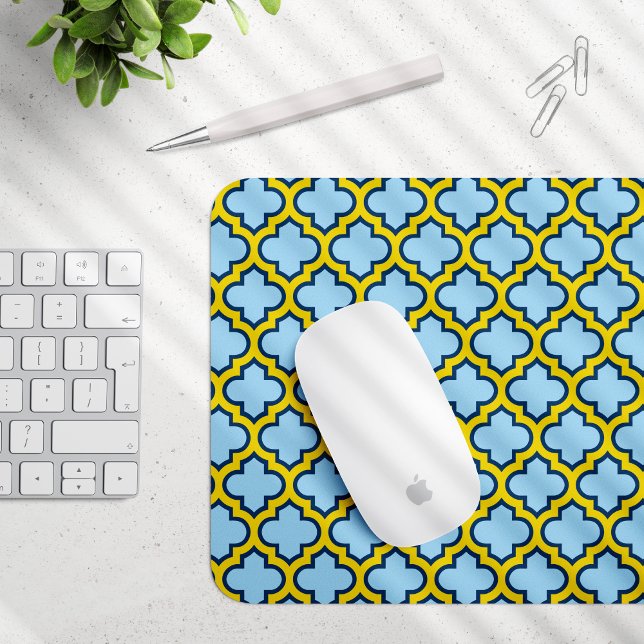 Mousepad Trellis azul e amarela, lete, quatrefoil (Criador carregado)