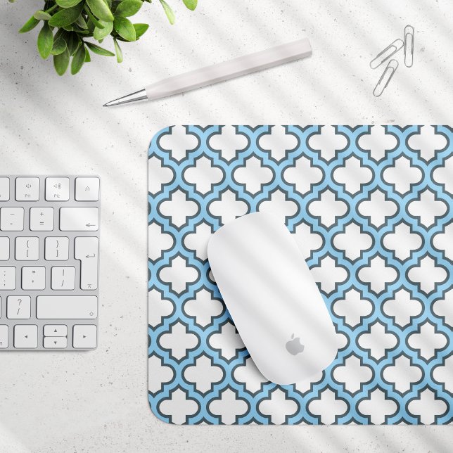 Mousepad Trellis branca e azul-bebê, lete, quatrefoil (Criador carregado)