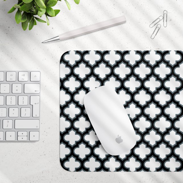 Mousepad Trellis branca e preta, lete, quatrefoil (Criador carregado)