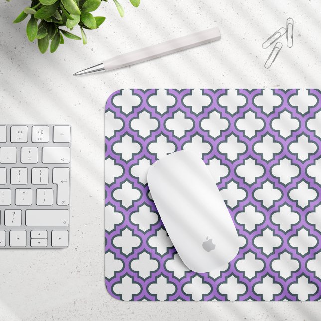 Mousepad Trellis branca e roxa, lete, quatrefoil (Criador carregado)