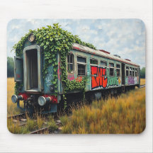 Trem de trem abandonado coberto de hera e grafite