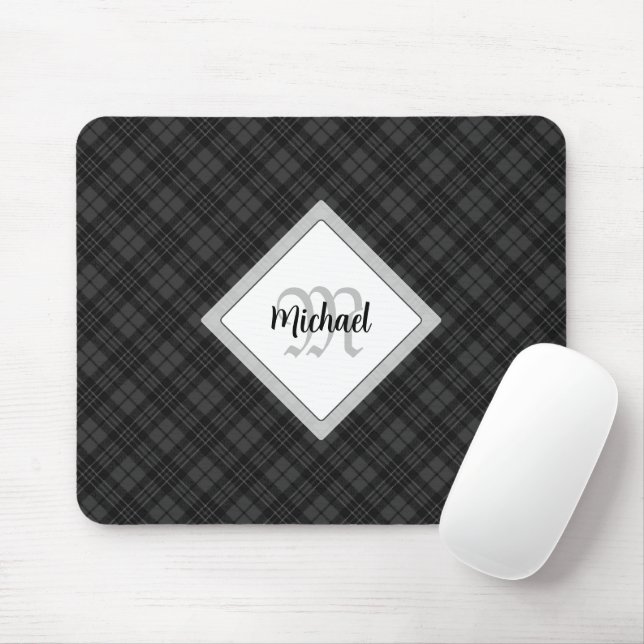 Mousepad Trendy Black White Tartan Personalize Monograma (Com mouse)