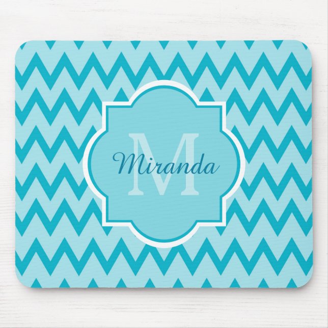 Mousepad Trendy Turquoise Chevron Zigzag Nome e Monograma (Frente)