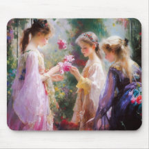 Três garotas brincando num jardim