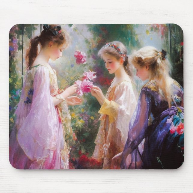 Mousepad Três garotas brincando num jardim (Frente)