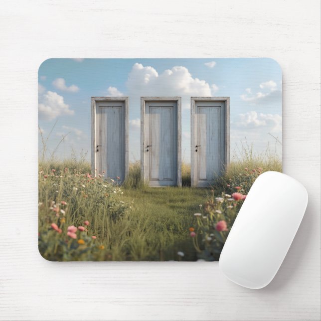 Mousepad Três Portas Em Campo De Flor Selvagem (Com mouse)