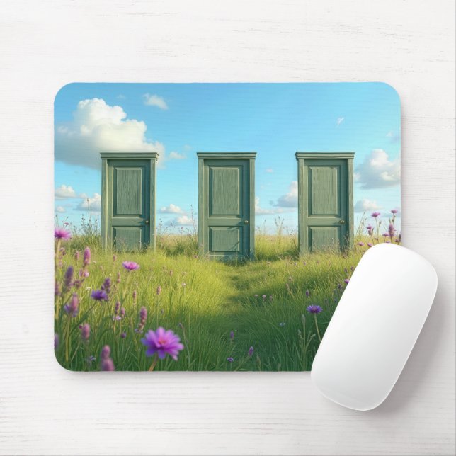 Mousepad Três portas fechadas num campo de flores selvagens (Com mouse)