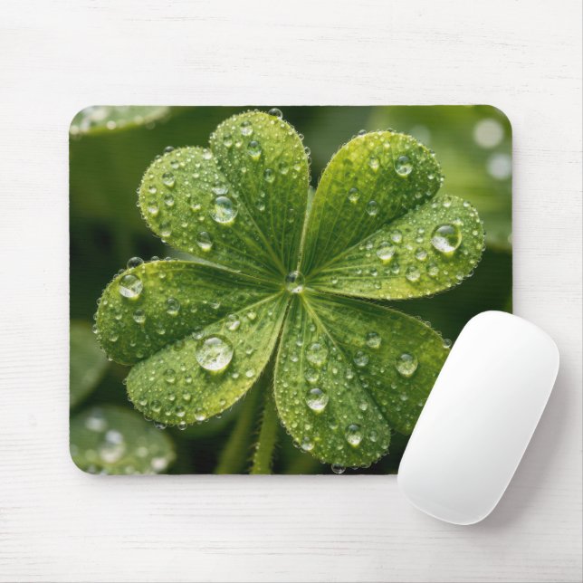 Mousepad Trevo de Quatro Folhas Com Gotículas de Chuva (Com mouse)