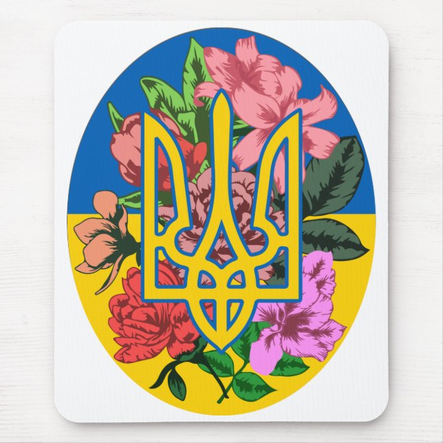 Mousepad Tridente ucraniano e bandeira da Ucrânia com flore (Frente)