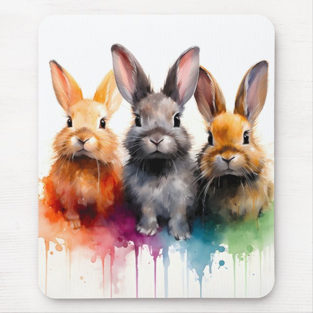 Mousepad Trio de Coelhos Aquarela (Frente)