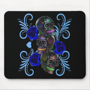 Mousepad Triplo Dia Negro Dos Rosas Azuis Dos Crânios Mort