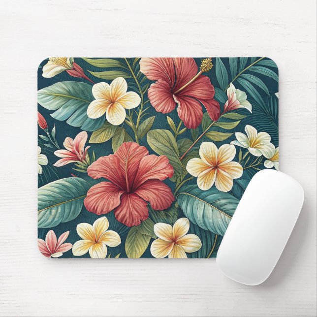 MOUSEPAD TROPICAL RED AND YELLOW HIBISCUS FLORAL BLOOMS (Com mouse)