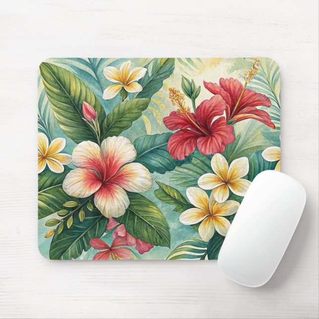 MOUSEPAD TROPICAL RED AND YELLOW HIBISCUS FLORAL BLOOMS (Com mouse)