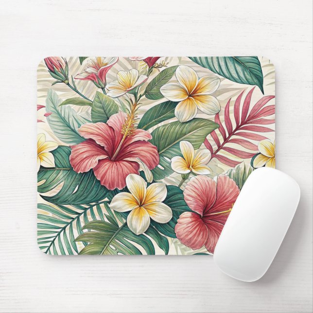MOUSEPAD TROPICAL RED AND YELLOW HIBISCUS FLORAL BLOOMS (Com mouse)