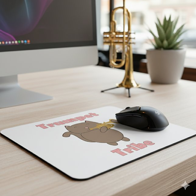 Mousepad Trumpet Tribe Brown Cat Pink (A mouse pad featuring a brown cat playing the trumpet and the words trumpet tribe in pink.)