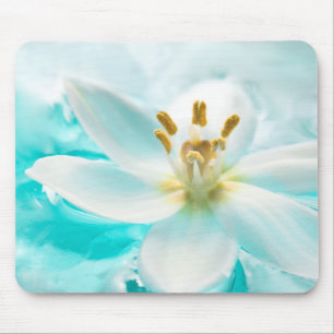 Mousepad Tulipa Branca Flor Azul Água Pond Aqua Turquoise