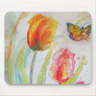 Mousepad Tulipa colorida e borboleta Aquarela