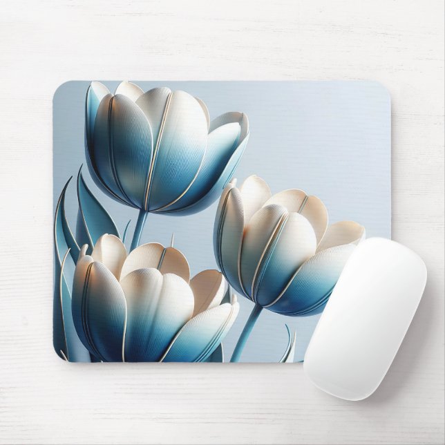Mousepad Tulipas Azuis e Brancas Elegantes (Com mouse)