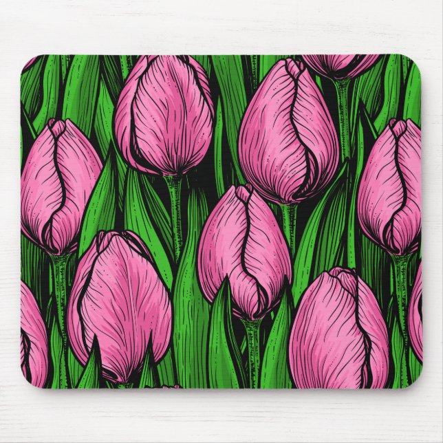Mousepad Tulipas cor-de-rosa com folhas verdes (Frente)