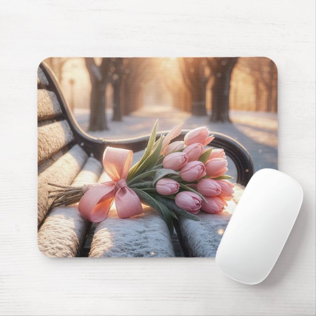 Mousepad Tulipas De Primavera Rosa No Banco De Neve (Com mouse)