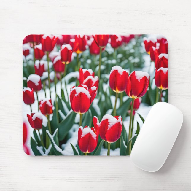 Mousepad Tulipas De Primavera Vermelho Na Neve (Com mouse)
