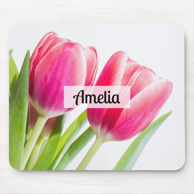 Mousepad Tulipas Rosa com Foto de Folhas Verdes (Frente)