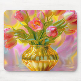 Mousepad Tulipas Rosa Vibrantes em Vase Ouro