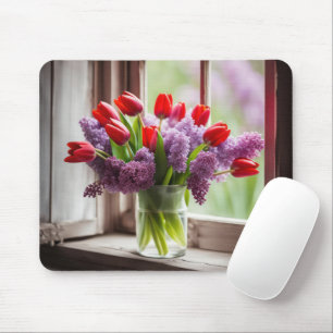 Mousepad Tulipas Vermelhas e Buquê Lilac