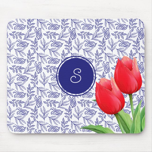 Mousepad Tulipas Vermelhas Elegantes Monograma Azul Floral  (Frente)