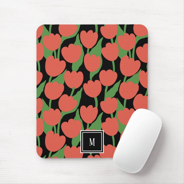 Mousepad Tulipas vermelhas retro, monograma personalizado (Com mouse)