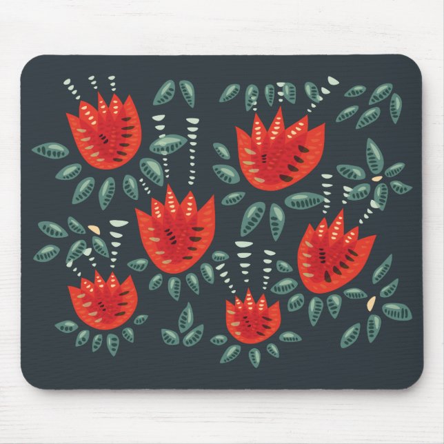 Mousepad Tulipas Vermelhos Padrão Floral Abstrato Escuro De (Frente)