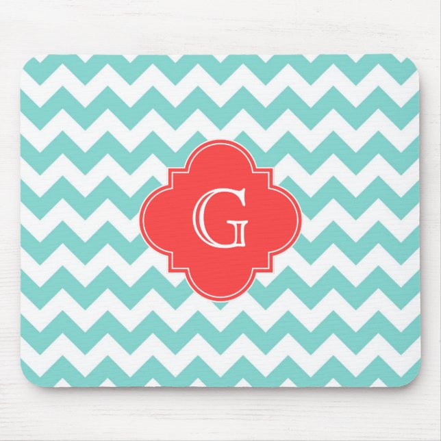 Mousepad Turq / Aqua Whevron Coral Quatrefoil Monograma (Frente)