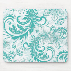Mousepad Turquesa e flores retros brancas & design dos