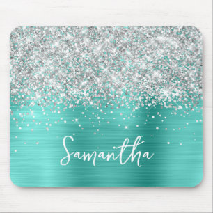 Mousepad Turquesa Glam Nome Brilho Prateado