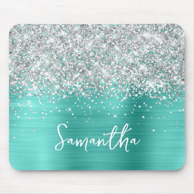 Mousepad Turquesa Glam Nome Brilho Prateado (Frente)