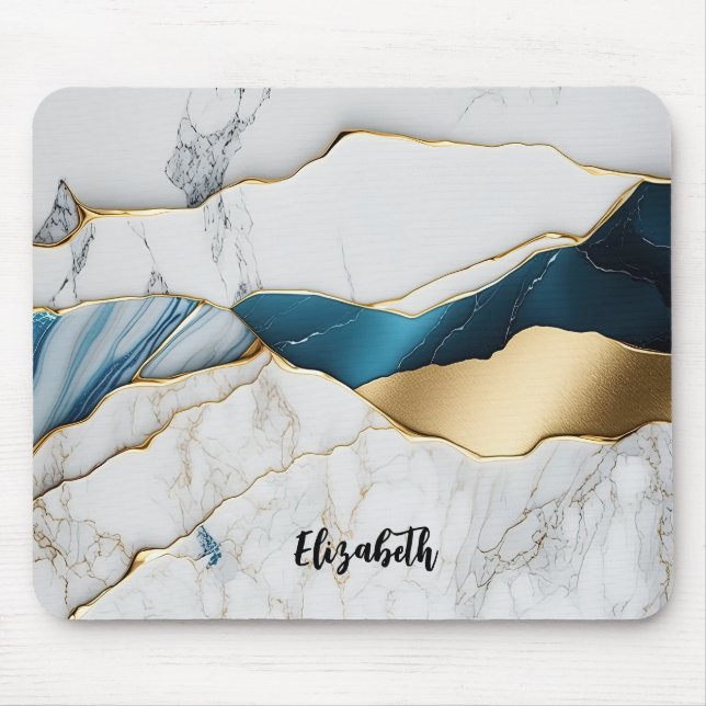 Mousepad Turquesa Mármore Pedra Branco Resfriado Dourado (Frente)