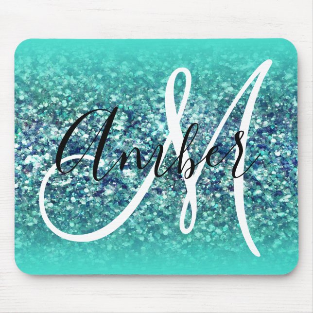 Mousepad Turquesa Ombre Azul Teal Brilho Monograma (Frente)