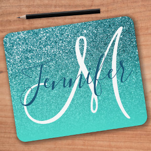 Mousepad Turquesa Ombre Teal Faux Glitter Monograma