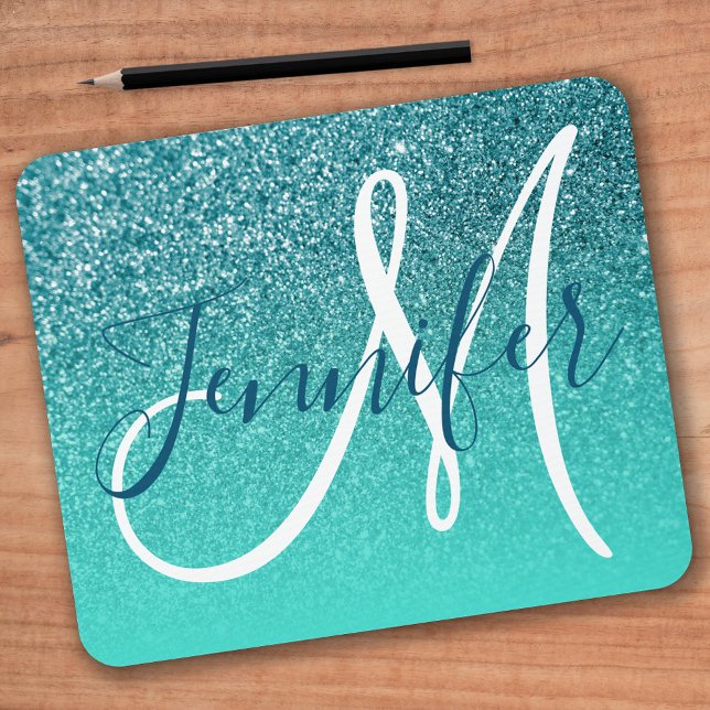 Mousepad Turquesa Ombre Teal Faux Glitter Monograma (Criador carregado)