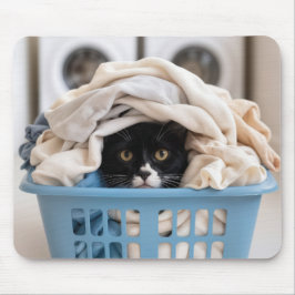 Mousepad Tuxedo Cat Hiding in Laundry Basket
