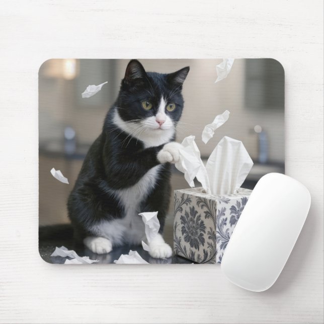 Mousepad Tuxedo Cat Playing with a Tissue Box (Com mouse)