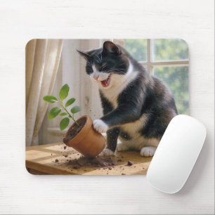 Mousepad Tuxedo Cat Toppling a Pothouse Plant