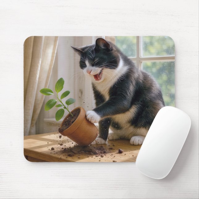Mousepad Tuxedo Cat Toppling a Pothouse Plant (Com mouse)
