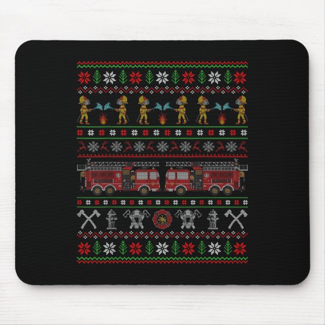Mousepad Ugly Xmas Sweater Style Fire Truck Firefighter Chr (Frente)