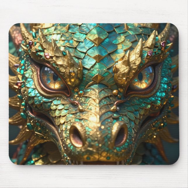 Mousepad Um Dragão Místico Turquesa e Dourado (Frente)