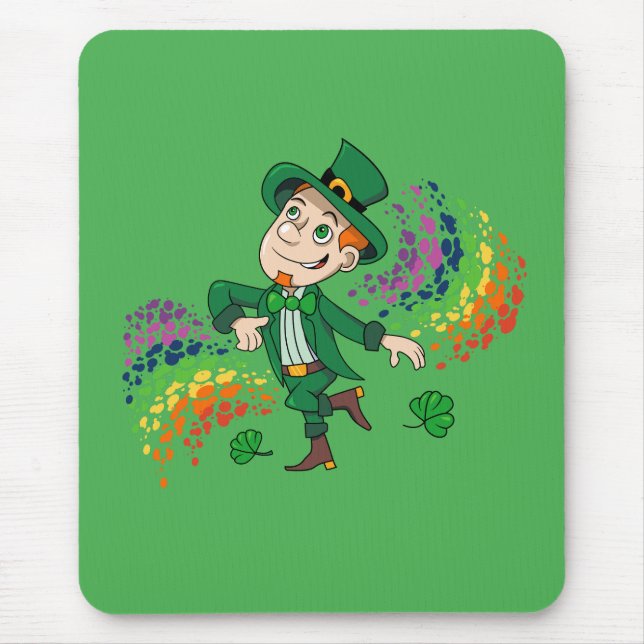 Mousepad Um duende dançante bonito e feliz, um arco-íris (Frente)