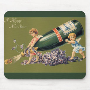 Mousepad Um Feliz Ano Novo, Anjos Vintage com Champanhe