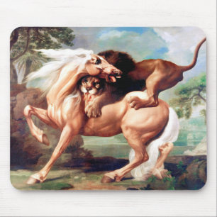 Mousepad Um Leão Atacando Uma Pintura De Cavalo